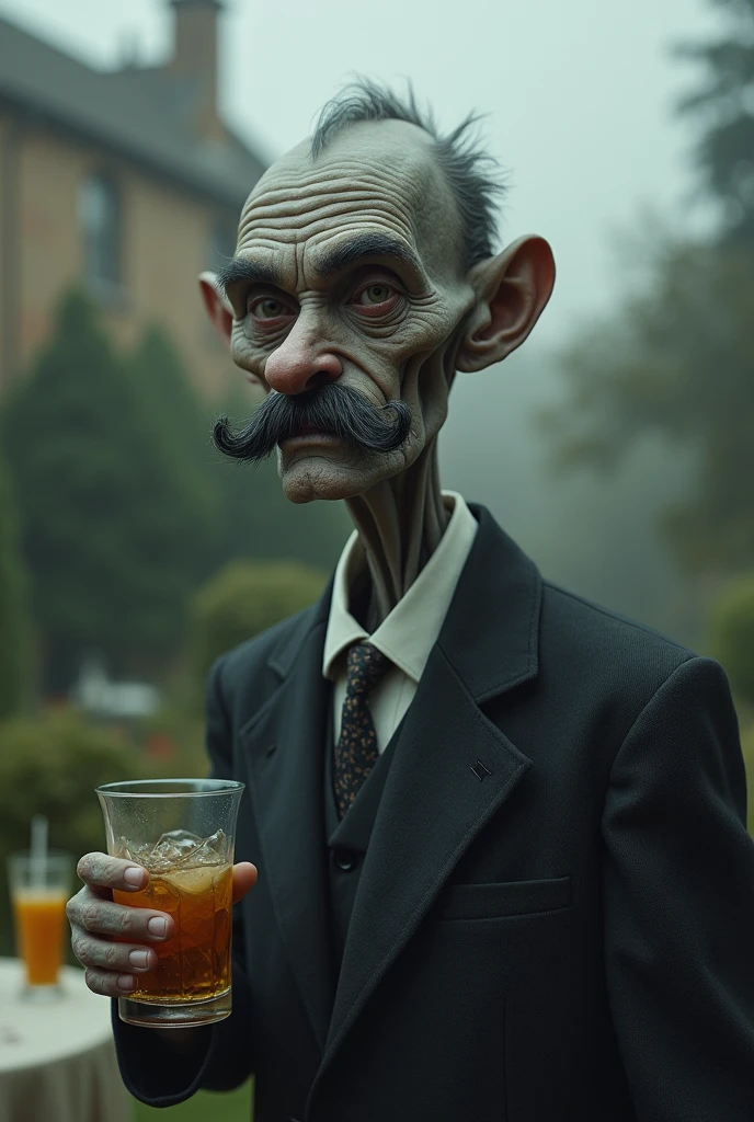 Best image quality, masterpiece, weird looking man, mustache, very short neck, wearing old fashioned suit, classic outdoor garden party background, holding drink, rough skin, deep wrinkles, detailed skin expression, gray skin (blendless skin), thin man, detailed image texture, eerie, horror, eerie atmosphere (not AI image), cloudy, foggy