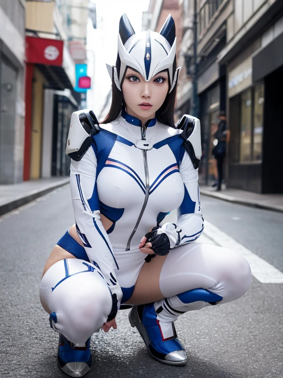 A female alien with a silver body and red and blue lines.、Large milky white eyes、Female Ultraman、Crouching with legs wide open、セクシーポーズ