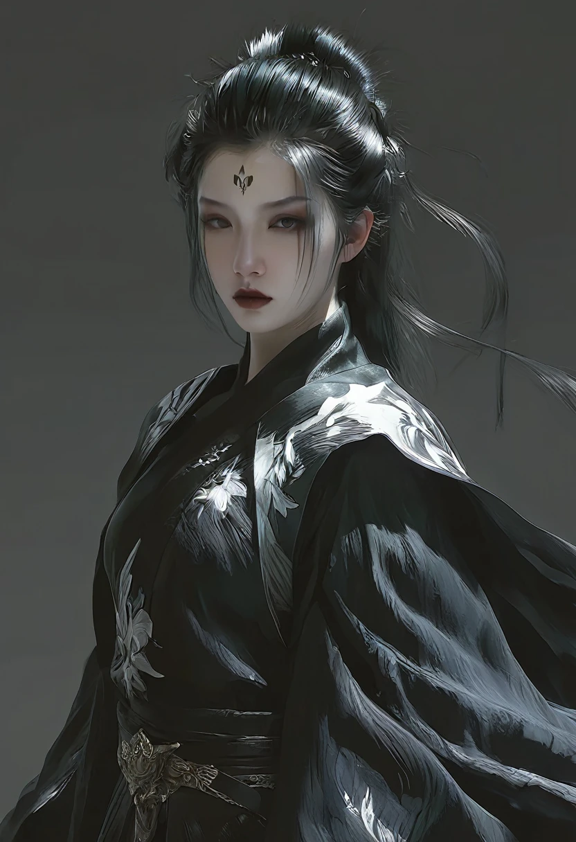 A woman with black hair and white skin, artwork in the style of Gu Weiss, Gu Weiss, the style of WLOP, ross tran and WLOP, Inspired by WLOP, Eve Ventro, in style of WLOP, WLOP and ross tran, Pan Chengwei on artstation, best on WLOP, WLOP |，A long sword hangs from his waist