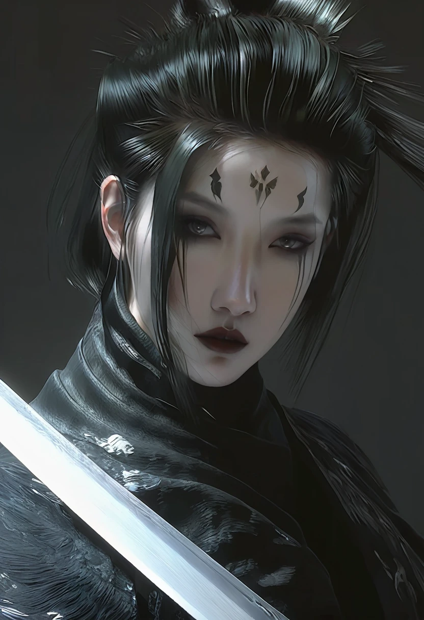 A woman with black hair and white skin, artwork in the style of Gu Weiss, Gu Weiss, the style of WLOP, ross tran and WLOP, Inspired by WLOP, Eve Ventro, in style of WLOP, WLOP and ross tran, Pan Chengwei on artstation, best on WLOP, WLOP |,A long sword hangs from his waist