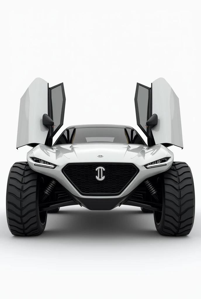 Generate a car with black eyes wide doors plane white body minimal design, big height and big tires like combination 9f Mustang gt ,audi , Lamborghini, fortuner, bmw m5