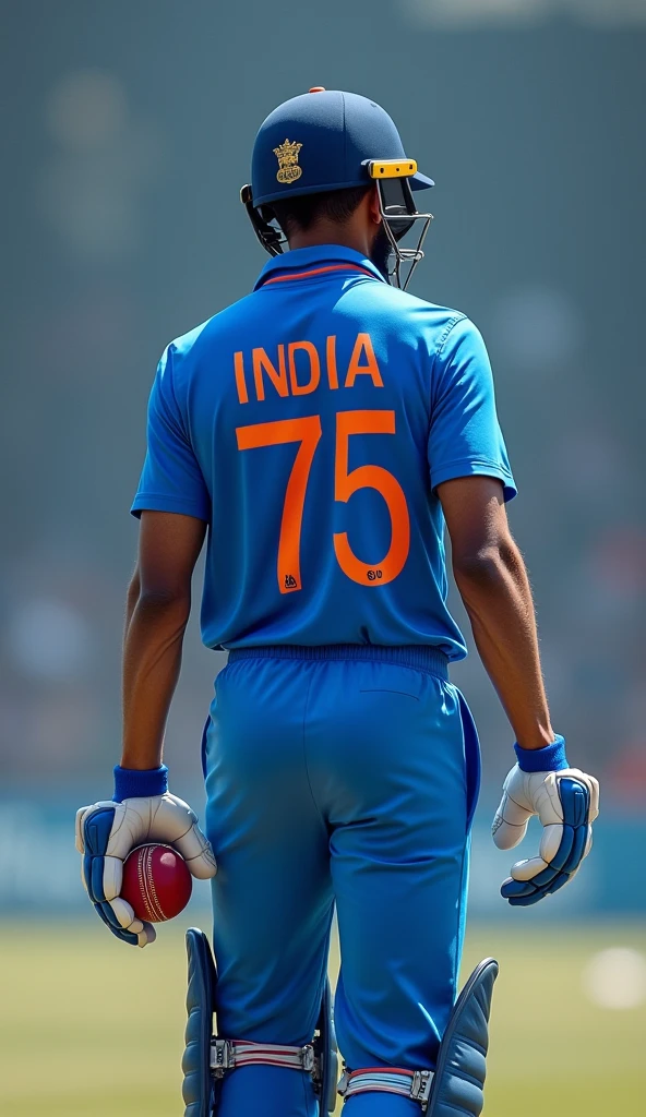 Give me a blue jersey，Indian cricket player with INDIA written on his jersey, View from behind, Cricket ball in right hand drop shadow, anaglyph, stereogram, tachi-e, ass pov, atmospheric perspective, 8k, super detail, best quality