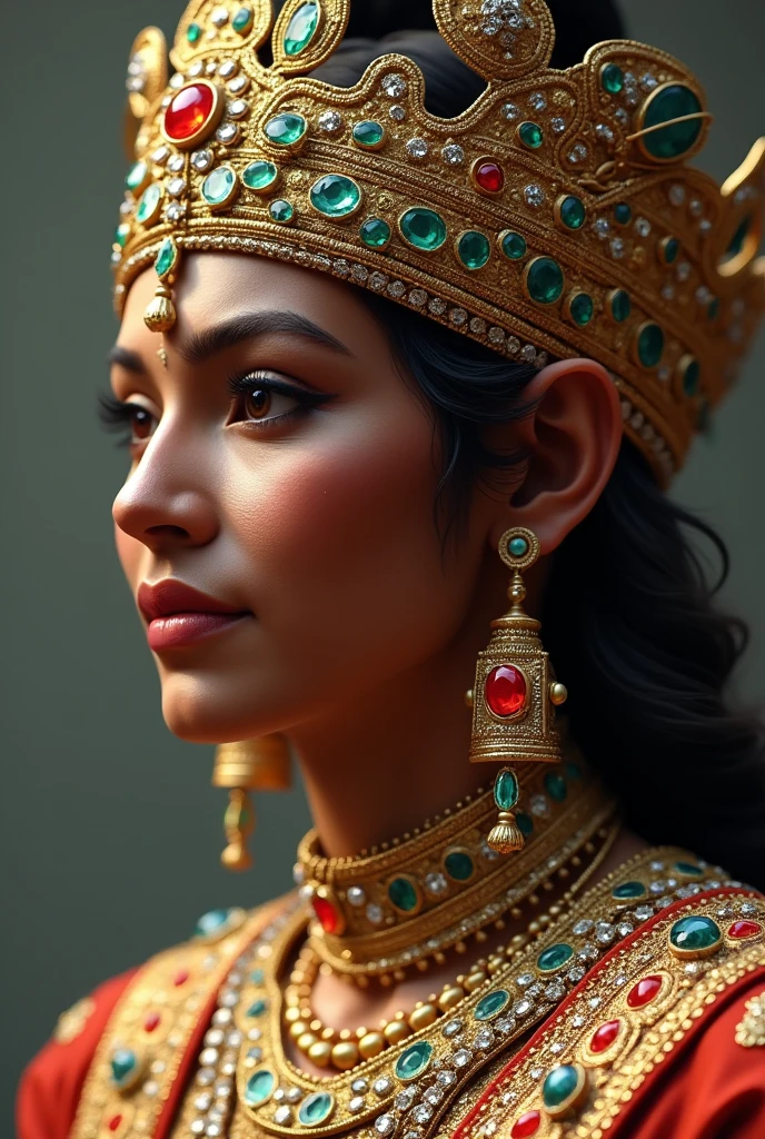 A detailed close-up of Ashoka’s crown and royal attire, adorned with jewels and intricate patterns, reflecting his status and the artistry of the Mauryan period."