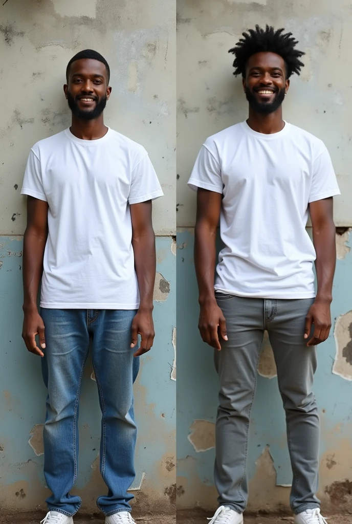 Create a split-image of the same light skinned 21 years old Ethiopian man shown side by side against a messed up wall as a background to illustrate a before and after transformation. In the 'before' image on the left, depict the man as shorter and wearing a plain white T-shirt and jeans. In the 'after' image on the right, show the same man taller, with no change in  physique, wearing the same white T-shirt but with casual pants instead. Both images should have the man smiling and looking directly at the camera, with a noticeable difference in height and little difference on presence. The background should be the same for both pictures and minimalist with natural lighting, highlighting the transformation. Make the picture realistic 