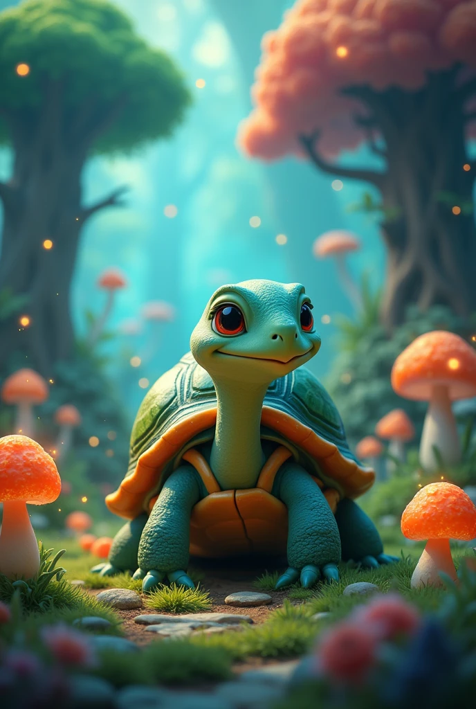 Turtle in a magical forest, cartoons