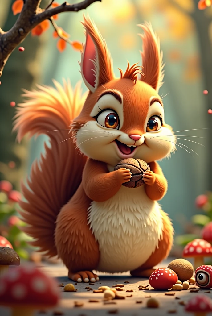 Cute squirrel with big eyes The cheek pouches are cute Bushy tail Likes pranks Plump Plump fur glutton Teak Pouch Fancy Emotional Looks like a Disney character Store food in the mouth nuts Walnut acorns chestnut Red nuts mushroom