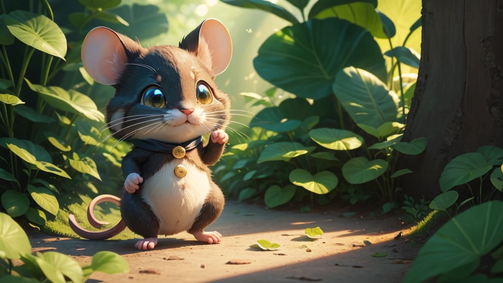 a clever mouse, highly detailed, intelligent expression, mischievous look, whiskers, big eyes, cute button nose, standing on its hind legs, planning a scheme, decorative floral background, intricate botanical pattern, lush greenery, sunlight filtering through leaves, vibrant colors, cinematic lighting, photorealistic, 8k, high quality, digital art 3D Cartoon style image