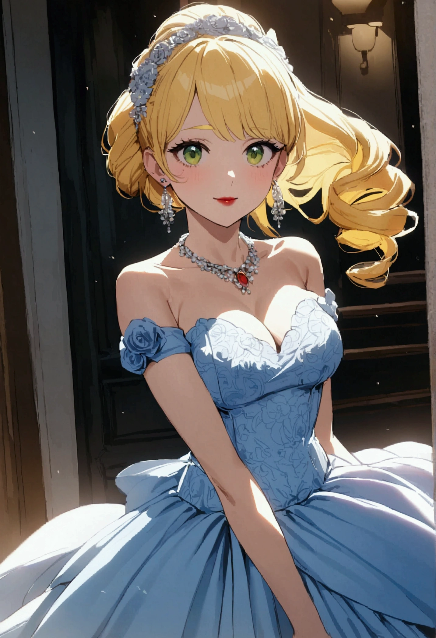 40 year old girl with curly dark yellow hair, yellow eyebrows, green eyes, dark red lipstick, red necklace, white earrings, blue wedding dress, likes wealth