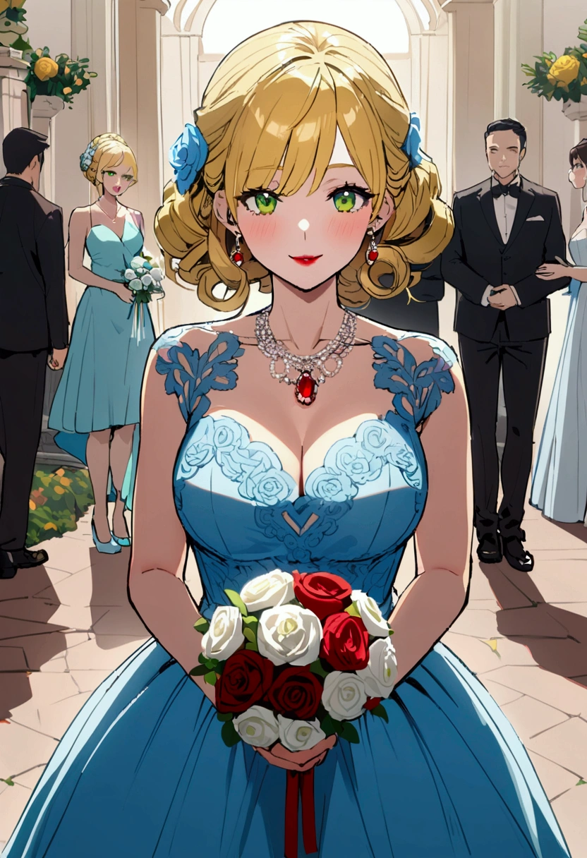 40 year old girl with curly dark yellow hair, yellow eyebrows, green eyes, dark red lipstick, red necklace, white earrings, blue wedding dress, likes wealth