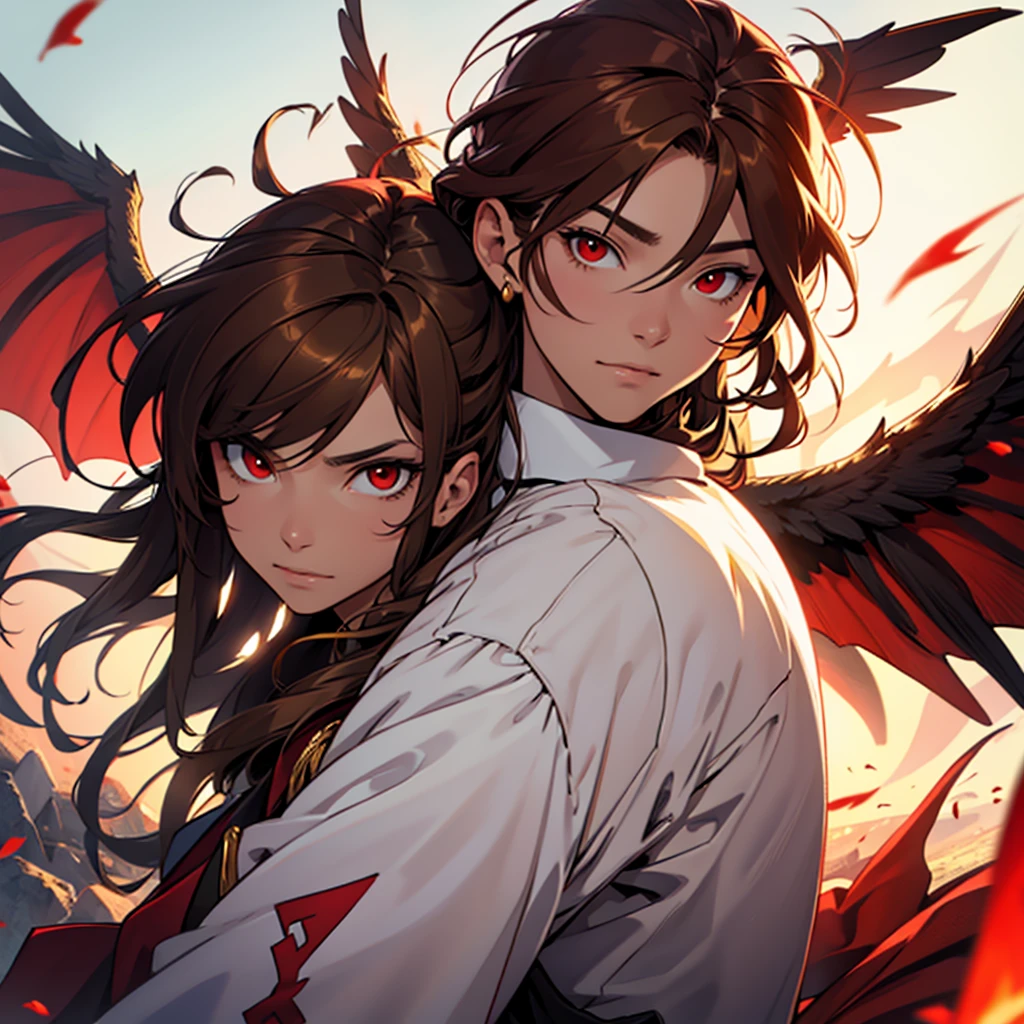 Youngh, brownhair, Red eye, and gold, angel and demon wings