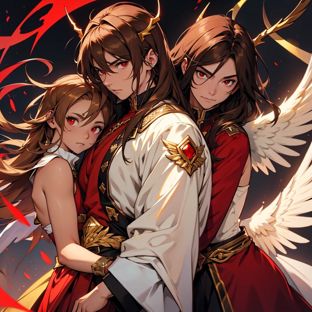 Youngh, brownhair, Red eye, and gold, angel and demon wings