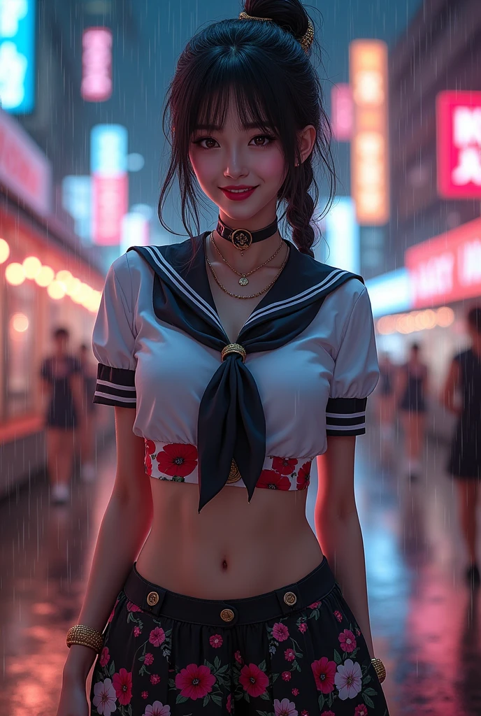 A very beautiful woman of no nationality with oriental features、Wearing a sailor suit、Hair tied in Shimada style、Smiling Kindly、Beautiful and detailed sailor uniform texture、Beautifully detailed body and face、Ideal body type、Big Breasts、Tight waist、Detailed navel、Beautifully detailed thighs、Beautifully detailed eyes、Beautifully detailed mouth、Long eyelashes、Facial features are detailed、hairpin、hair ornaments、Short skirt、Standing with arms folded and legs apart、Cyberpunk City&#39;s Entertainment District、night、rain、Natural lighting、Vibrant colors、breeze、Delicate floral pattern、Tense atmosphere、(best quality,4K,8k,highres,masterpiece:1.2),ultra-detailed,(realistic,photorealistic,photo-realistic:1.37), (anatomically correct body structure:1.4), intricate details, dynamic pose, dramatic lighting, vibrant colors, stage performance, idol aesthetic, expressive face, detailed clothing textures, emotional expression
