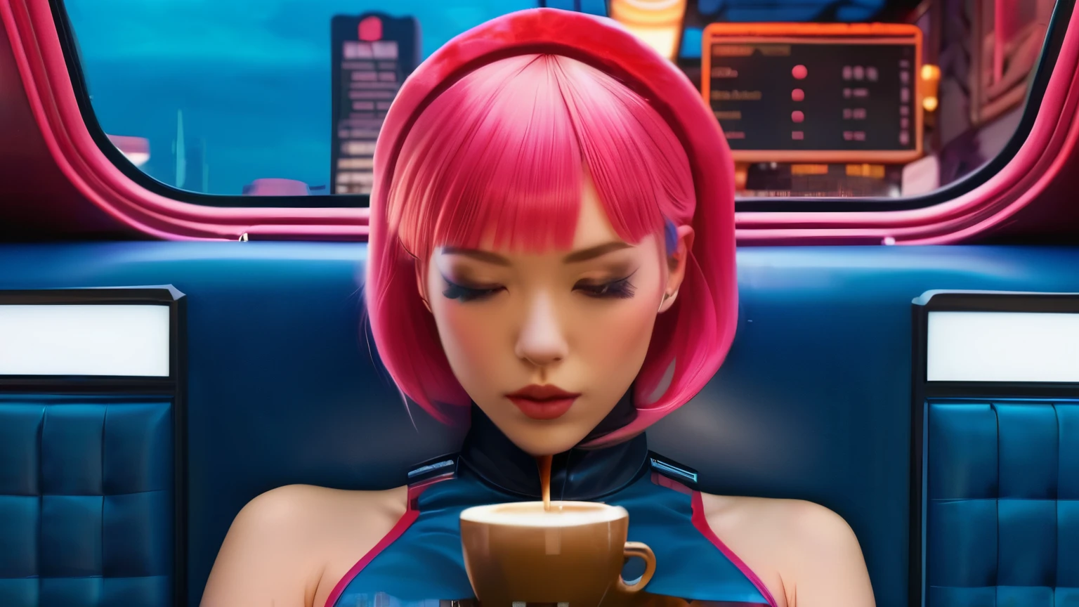 Imagine Laurence Bedard reclining on a plush velvet sofa in a cozy coffee shop., her pink hair framing her captivating features. As she sips her espresso, a manga de seu Goodço tatuado aparece por baixo da manga, suggesting the intricate designs that adorn their skin. The aroma of freshly ground coffee mingles with the sight of its mesmerizing ink, creating a sensory experience like no other, (extremely detailed 8k wallpaper), super girl sitting tied in a futuristic fighter cabin, red and blue futuristic fighter cabin, sitting in the black leather pilot's seat, sitting in the leather seat in the cockpit, futuristic fighter cabin:1.3, Supergirl:1.2, amarrado com uma corda de fiGood de carbono:1.2, confident, many switches and lights, long hair, Good:1.2, top rosa sexy, short pink top:1.2, Calm, Modern futuristic pink clothes, Complex, highy detailed, and dramatic, cinematic lighting, bright scene, gentle lights, breasts big:1.4, NSFW:1.4, apta, skinny girl, pink leather super girl tight clothes, neckleace, Spider-Man logo:1.4