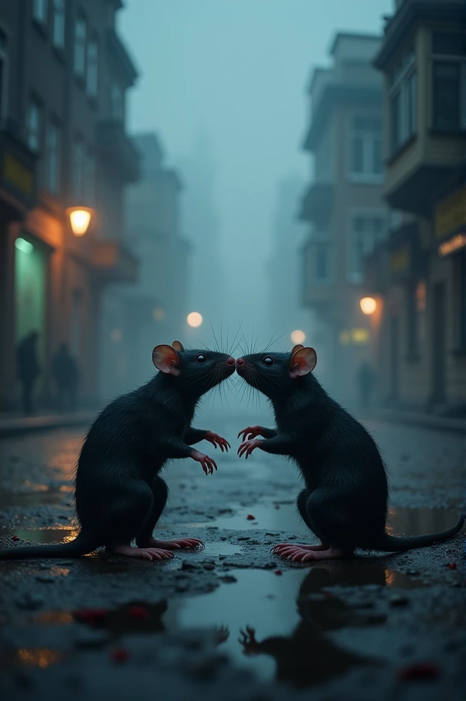 Two male and female rats sex with each other in the night city surrounding the fog