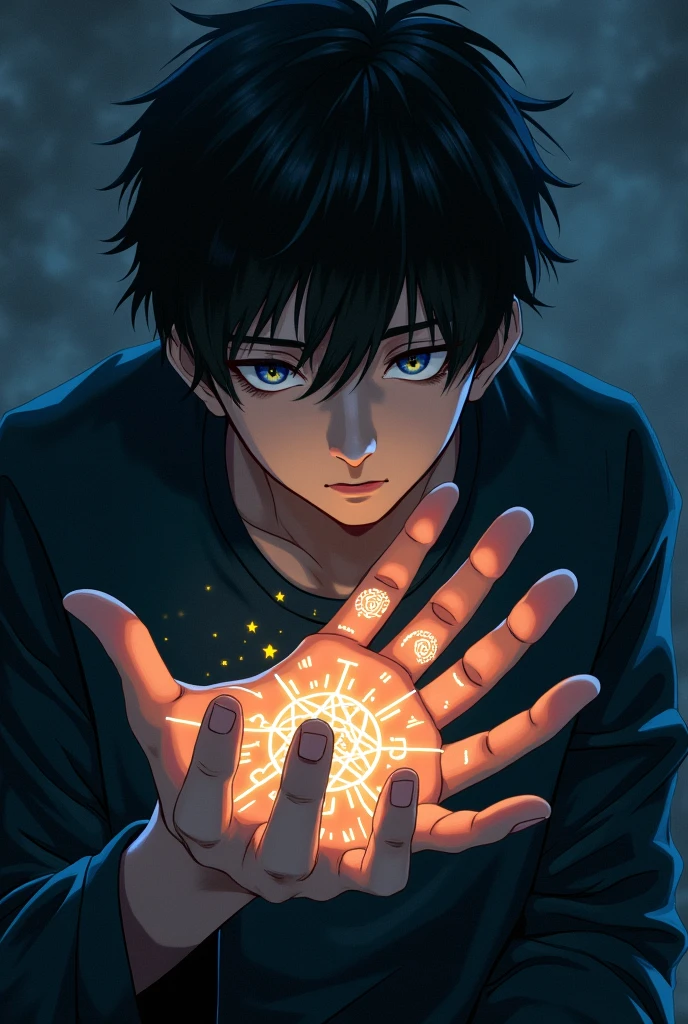Anime Strange marks appear on the palm of a young man with black hair, black eyes, and a dark face.
