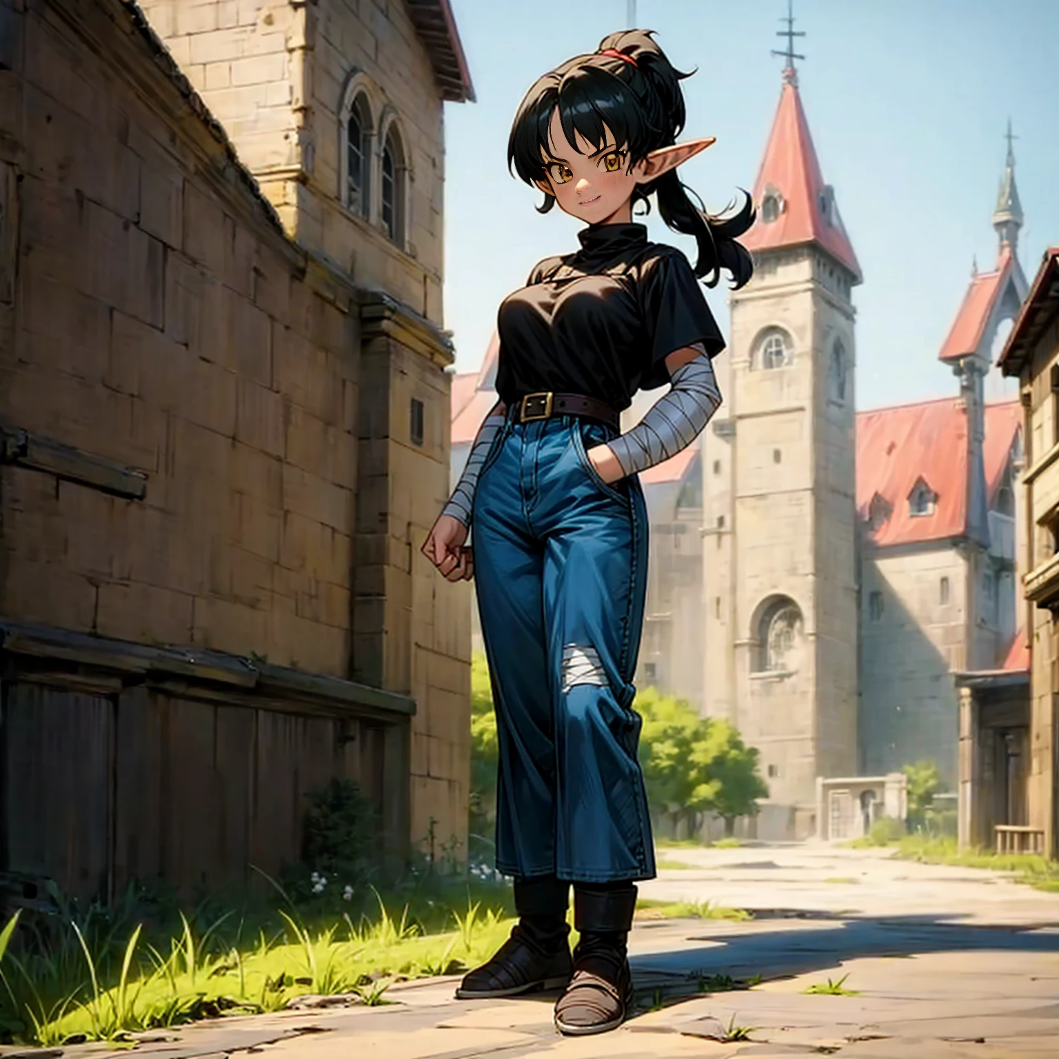 Solo character, full body version, girl, muscle, big breast, (elf), yellow eyes, black color hair, short haircut, ponytail, blue shirt, long jeans, bandage, shoes, outdoor, town, medieval, standing gesture, detailed background, detailed clothing, detailed hair, (Hunter x Hunter style art), smile mouth,