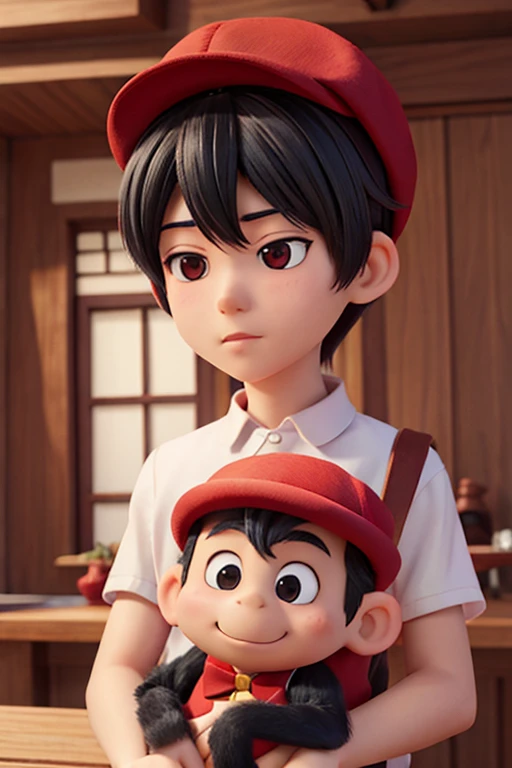 male、16age、Red little hat、Black Hair、Monkey's friend、Navy blue clothes、White trousers、thief、