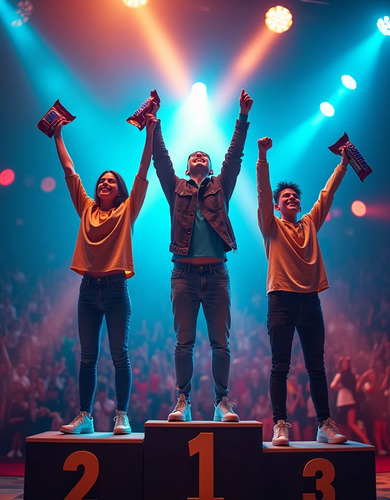 An adrenaline-charged scene featuring celebrations under a spotlight at a podium of three places. The winner of the first place is beaming, holding up a Snickers chocolate bar and a Gallito mint Milan chocolate in their hands, captured mid-cheer. The second-place contender, poised and slightly pensive, looks forward to a forthcoming night of sangrias. The third-place winner holds their Zepol prize with a grin, adding to the convivial atmosphere. Vibrant, lush colors illuminate the occasion, frozen in motion by a high-speed camera resulting in slow-motion shots – a true snapshot of an award-winning photograph-like moment.