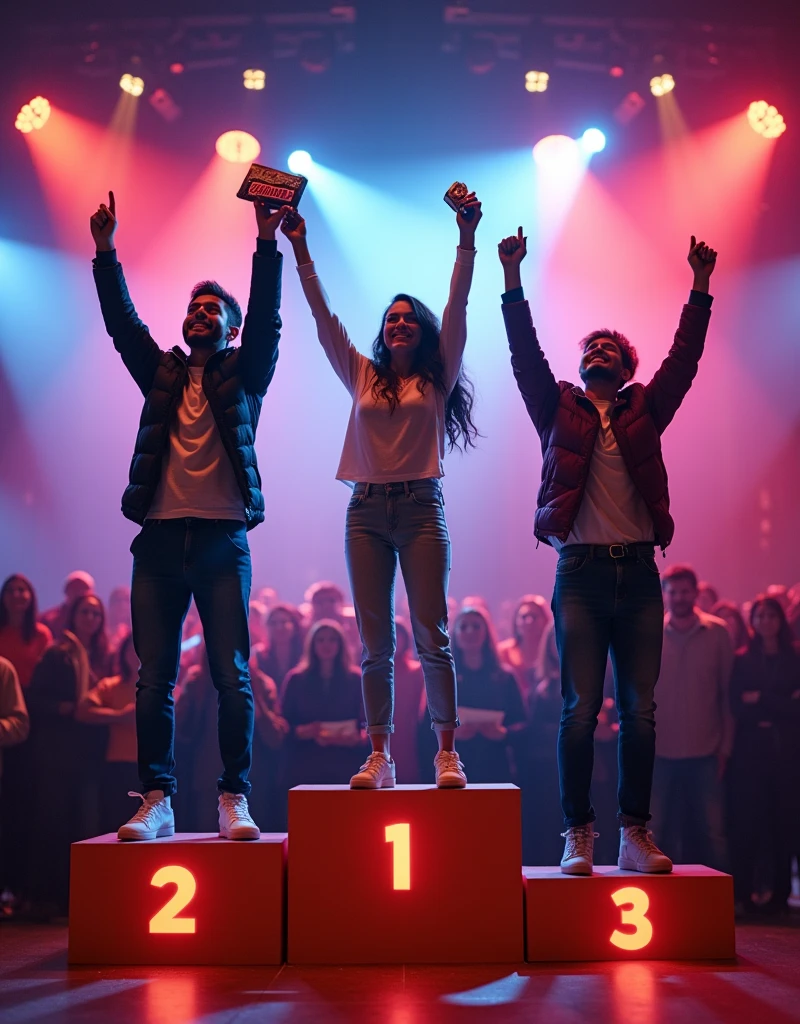An adrenaline-charged scene featuring celebrations under a spotlight at a podium of three places. The winner of the first place is beaming, holding up a Snickers chocolate bar and a Gallito mint Milan chocolate in their hands, captured mid-cheer. The second-place contender, poised and slightly pensive, looks forward to a forthcoming night of sangrias. The third-place winner holds their Zepol prize with a grin, adding to the convivial atmosphere. Vibrant, lush colors illuminate the occasion, frozen in motion by a high-speed camera resulting in slow-motion shots – a true snapshot of an award-winning photograph-like moment.