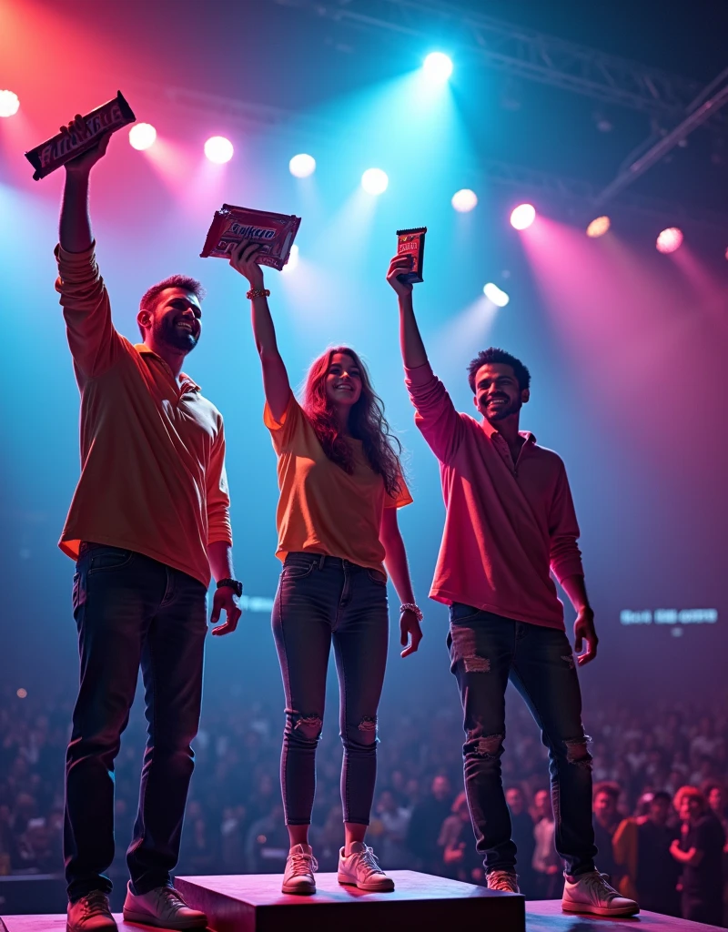 An adrenaline-charged scene featuring celebrations under a spotlight at a podium of three places. The winner of the first place is beaming, holding up a Snickers chocolate bar and a Gallito mint Milan chocolate in their hands, captured mid-cheer. The second-place contender, poised and slightly pensive, looks forward to a forthcoming night of sangrias. The third-place winner holds their Zepol prize with a grin, adding to the convivial atmosphere. Vibrant, lush colors illuminate the occasion, frozen in motion by a high-speed camera resulting in slow-motion shots – a true snapshot of an award-winning photograph-like moment.