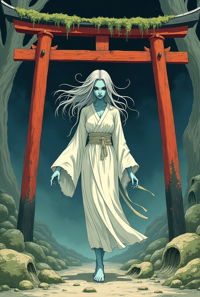 Create a female yokai in the style of Shigeru Mizuki. The yokai is Torii Onna, with hair like a red torii gate, old white kimono, pale blue skin, a quiet voice, an expressionless face, long limbs, and a slow walking appearance. The background is in front of a decaying torii gate, emphasizing a solemn and eerie atmosphere.