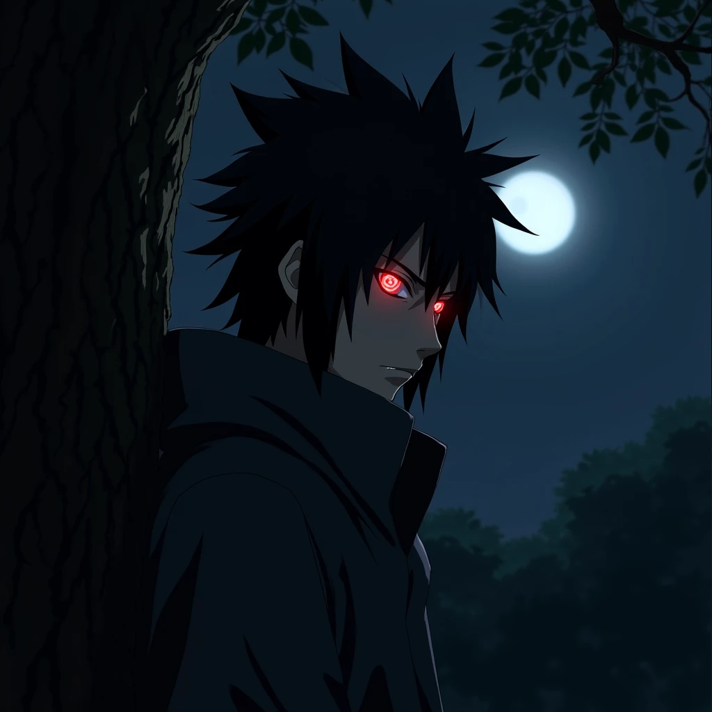 (masterpiece:1.2) (best quality) (detailed) (intricate) (8k) (HDR) (wallpaper) (cinematic lighting) (sharp focus), Sasuke,sharigan,red glowing eyes in the dark, leaning against a tree,night time, extremely dark, outline of Sasuke and his crimson red eyes in the dark, moonlight shining through the branches, Naruto artstyle 