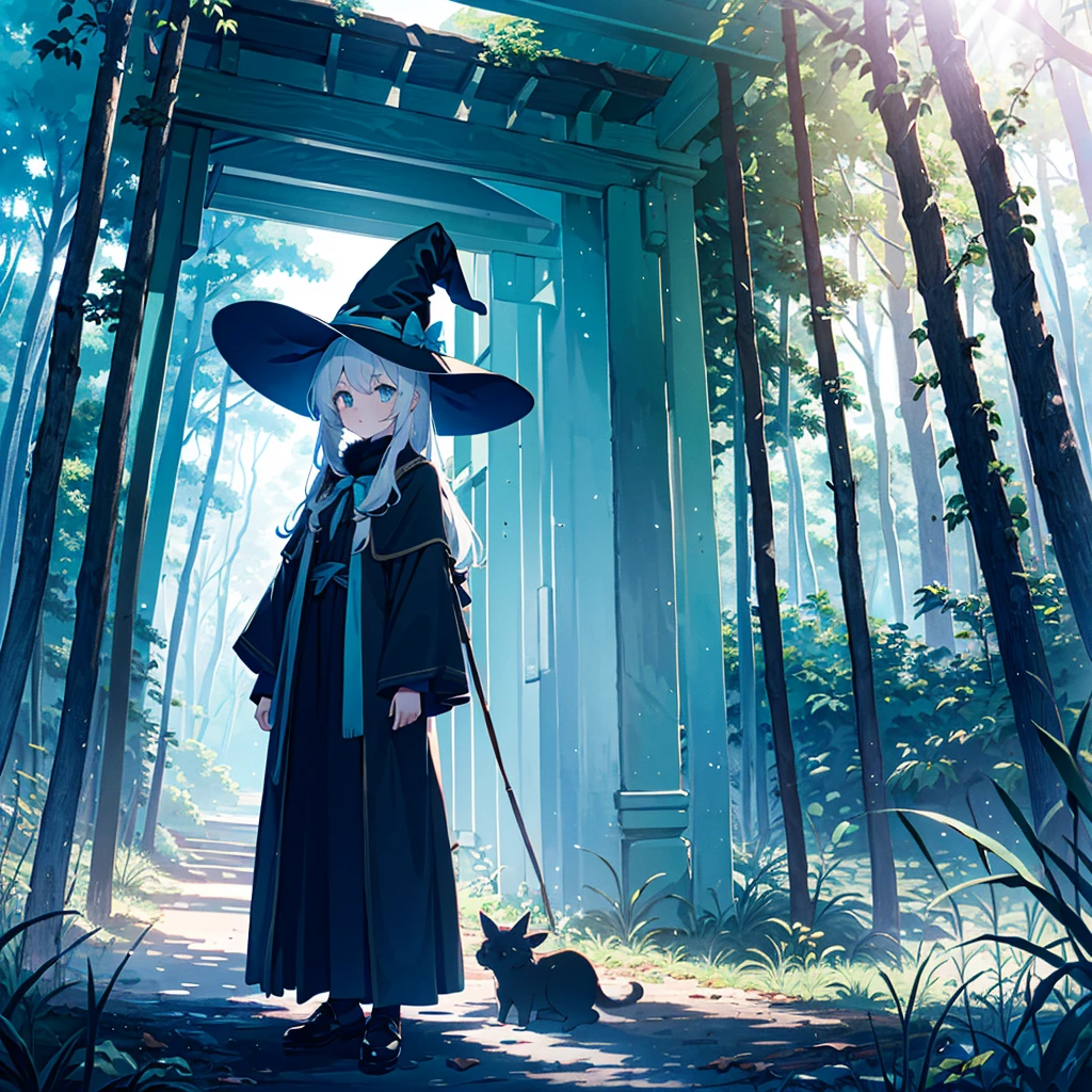 masterpiece, best quality, ultimate detail, pale tones, light color illustration, cinematic angles, witch standing in the woods, 30 year old witch, witch hat, hat, alone, very beautiful, cute, adorable, shy, looking at the viewer, long white hair, blue eyes, witch costume, sunlight, sharp focus, perspective, (composite: 1.1), (light blue theme: 1.1), (light blue tone: 1.1), (silver tone: 0.7 )、 full body