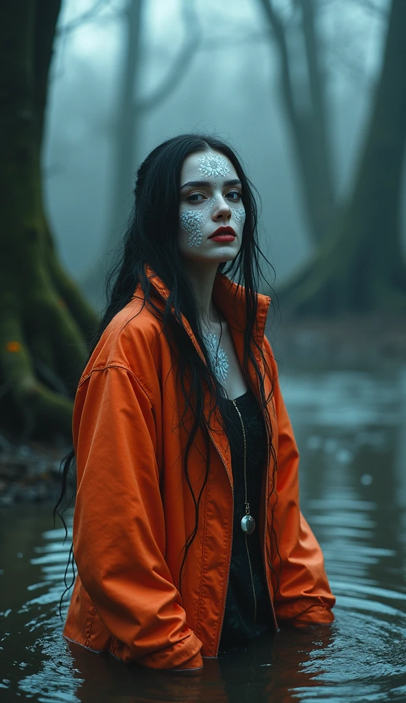 A beautiful woman, wearing jacket with glowing color, stuck in bog, pale skin, white skin, pale ethnic patterns ritual makeup, cold, red lips, HD 8k