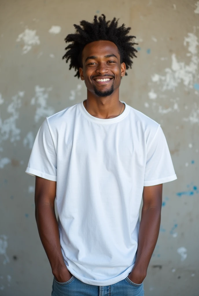 Create a split-image of the same light skinned 21 years old Ethiopian man shown side by side against a messed up wall as a background to illustrate a before and after transformation. In the 'before' image on the left, depict the man as shorter and wearing a plain white T-shirt and jeans. In the 'after' image on the right, show the same man taller in height, with no change in  physique, wearing the same white T-shirt but with casual pants instead. Both images should have the man smiling and looking directly at the camera, with a noticeable difference in height and little difference on presence. The background should be the same for both pictures and minimalist with natural lighting, highlighting the transformation. Make the picture realistic 