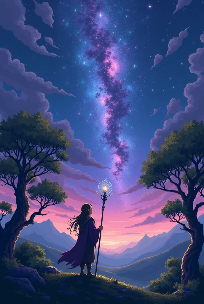 Create a pixel art scene depicting a nostalgic view at dusk.. in the foreground, a young male elf with long flowing hair standing on a hill, looking up at the sky full of galaxies. The elf is wearing a traditional elf robe., with a shining stick in one hand. The surrounding scenery is peaceful, with some ancient mystical trees surrounding the elves, the leaves sway gently in the evening breeze. The sky above is filled with purple stars and galactic swirls, blue, and pink. The overall atmosphere should evoke a sense of longing and eternity., as if the elf was reminiscing about the distant past. All scenes are rendered in a detailed pixel art style, with a focus on the contrast between the soft light of the galaxy and the dark shades of the landscape..