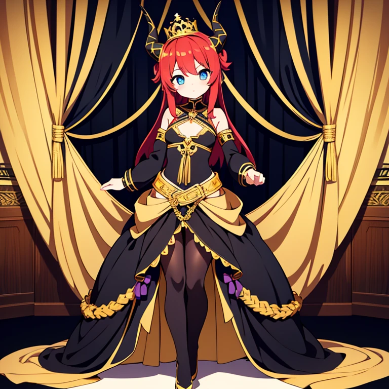 Full body, beautiful eyes , 1 girl  , full body , cute girl , anime style , cute eyes  , (standing up)  ,  gold and black cropped top with baggy, detached sleeves and gold details going from her cuffs to her upper arms , long black veil with gold embroidery stylized with gold and black horns, golden tassels, and a large gold head accessory somewhat resembling a crown , red hair , light aqua eyes , dancer , exposed stomach , veil ,  a patterned black and gold skirt held together with a large blue bow adorned with a blue ornament and numerous accessories 