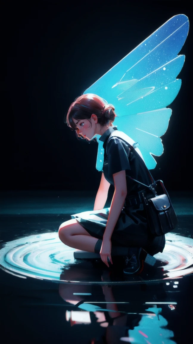 A close up of Girl sitting on a water puddle using mobile phone, crying as transaction is stuck, concept art by Eglon van der Neer, Artstation, stuckism, stuck, 3 d illustration, 3d illustration, trending on cgstation, 2. 5 d illustration, 2 d illustration, 2d illustration, still capture, illustration!, 3 d illutration, no gradients