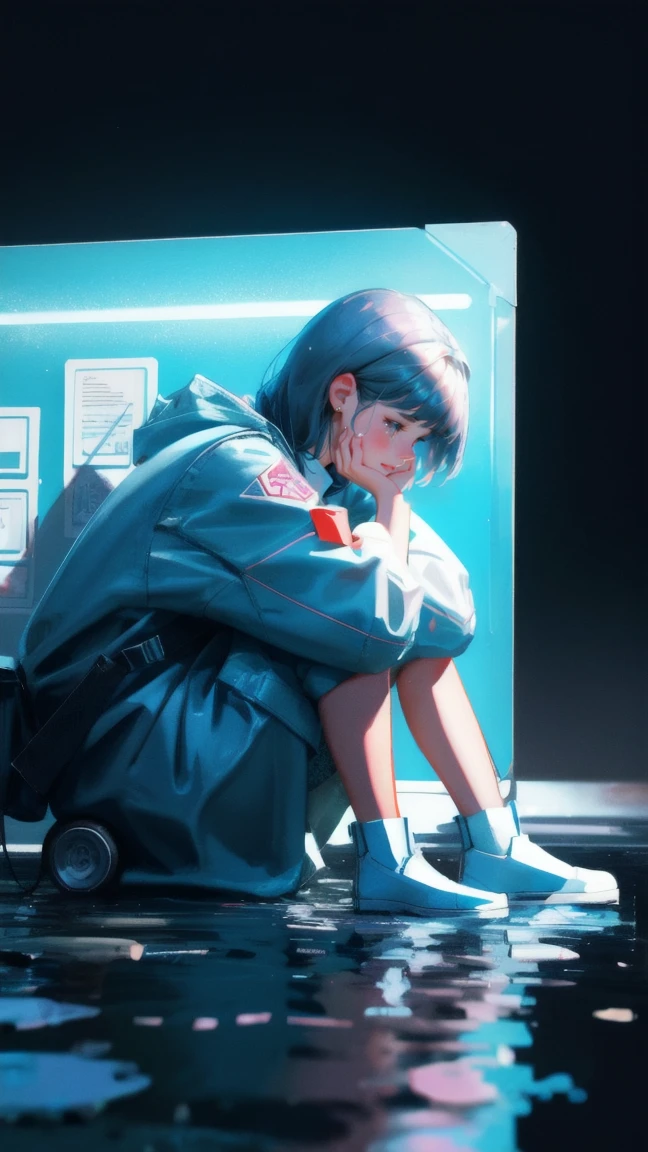 A close up of Girl sitting on a water puddle using mobile phone, crying as transaction is stuck, concept art by Eglon van der Neer, Artstation, stuckism, stuck, 3 d illustration, 3d illustration, trending on cgstation, 2. 5 d illustration, 2 d illustration, 2d illustration, still capture, illustration!, 3 d illutration, no gradients