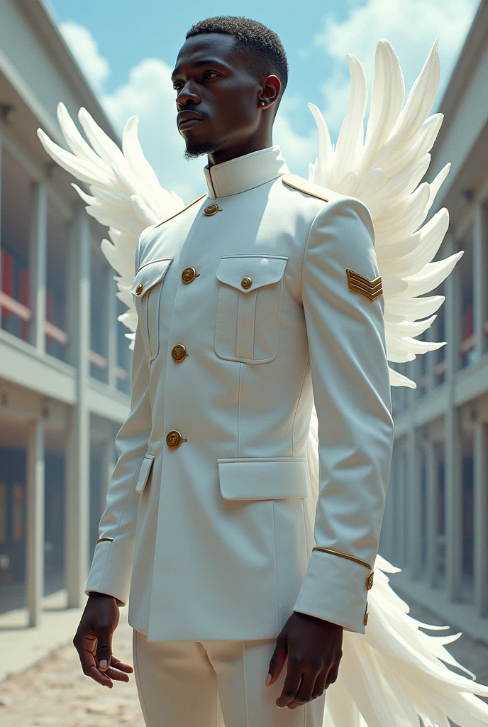 (Higher resolution, distinct_image) A man of the best quality, masterpiece, highly detailed, semi realistic, black man with short hair, with central hair, 18 years old, young, tall and strong, pure white clothes, white uniforms, military uniforms, military academy, undisciplined, unrestrained, handsome, authoritarian, powerful aura, Satan, angel, fine facial features, facial details,