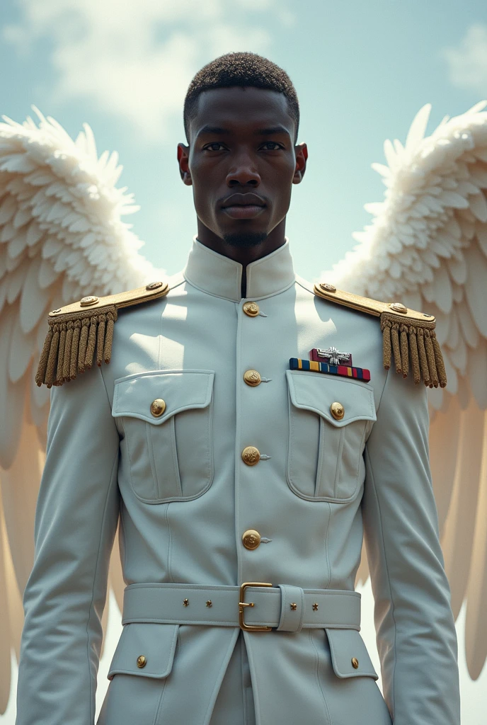 (Higher resolution, distinct_image) A man of the best quality, masterpiece, highly detailed, semi realistic, black man with short hair, with central hair, 18 years old, young, tall and strong, pure white clothes, white uniforms, military uniforms, military academy, undisciplined, unrestrained, handsome, authoritarian, powerful aura, Satan, angel, fine facial features, facial details,