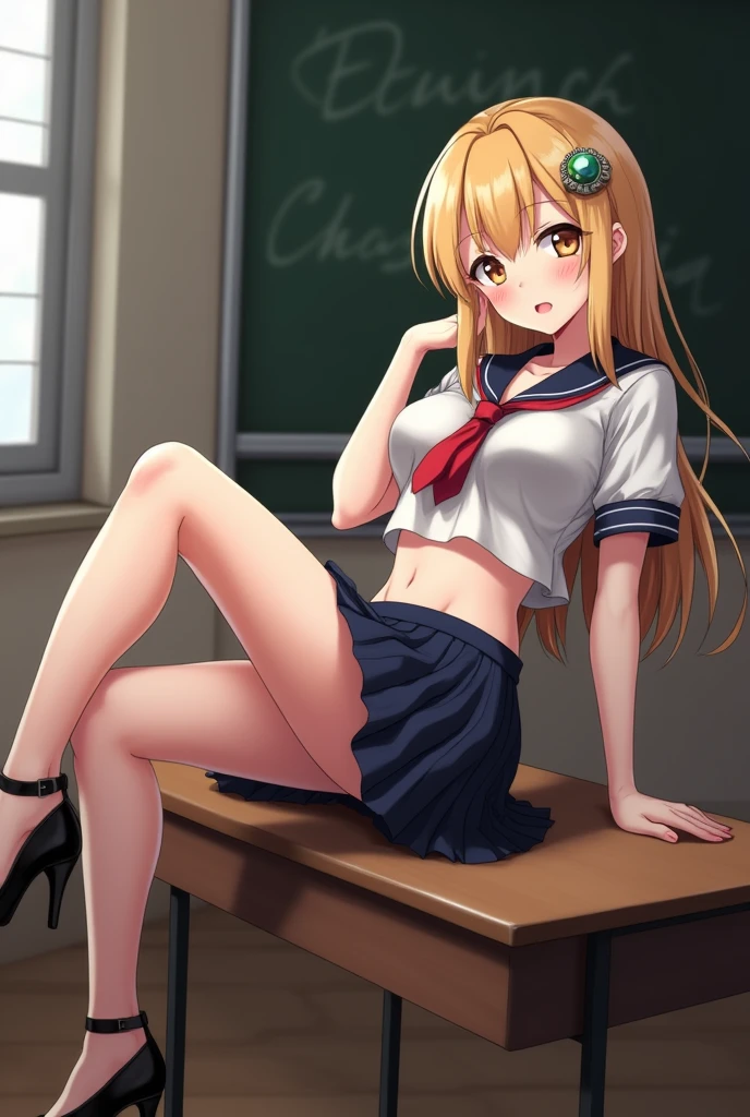 Teen Himiko Toga as a sexy schoolgirl lying on the desk. intricate and fitted school uniform. crop top. Skinny body. classroom. day. background blackboard. pleated skirt.