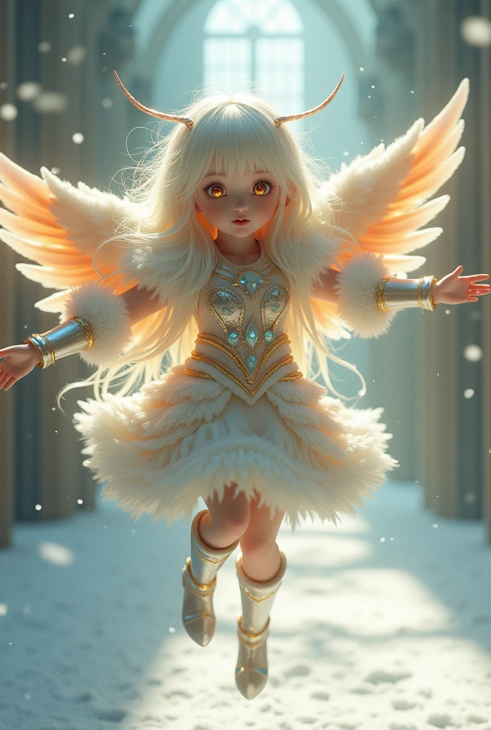 (background:snow scene, snow art museum, Asahikawa):1.33, (masterpiece, japanese_anime, official_art, octane-render):1.33, (a dancing angel hands up), detailed light orange shinning eyes,  (from below,airborne:1.2), (wide shot:1.3), (having detailed idol-type girls:1.1), (cherubic face,delicate facial features), (ennui,half-opened mouth,emphasis on facial expression), (extremely detailed gradient eyes), (sharp-long aquamarine eyes,half-opened eyes:1.2),(detailed green eyes, platinum hair,colored inner green ombre hair multicolored hair,antenna hair):1.21,  (color temperature), (Fluffy platinum scumbling colored shiny sequins armor,platinum long boots), (cinematic light,and particle light), colorful, dramatic shadows, light-shadow symmetry,(motion_blur, light trail, flying snow, moving at flying, straight):1.3, (scales, intricate details), dynamic pose, looking afar, outstretched arms,(shiny platinum wristband:1.3), ethereal lighting