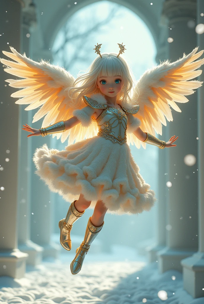 (background:snow scene, snow art museum, Asahikawa):1.33, (masterpiece, japanese_anime, official_art, octane-render):1.33, (a dancing angel hands up), detailed light orange shinning eyes, (from below,airborne:1.2), (wide shot:1.3), (having detailed idol-type girls:1.1), (cherubic face,delicate facial features), (ennui,half-opened mouth,emphasis on facial expression), (extremely detailed gradient eyes), (sharp-long aquamarine eyes,half-opened eyes:1.2),(detailed green eyes, platinum hair,colored inner green ombre hair multicolored hair,antenna hair):1.21, (color temperature), (Fluffy platinum scumbling colored shiny sequins armor,platinum long boots), (cinematic light,and particle light), colorful, dramatic shadows, light-shadow symmetry,(motion_blur, light trail, flying snow, moving at flying, straight):1.3, (scales, intricate details), dynamic pose, looking afar, outstretched arms,(shiny platinum wristband:1.3), ethereal lighting