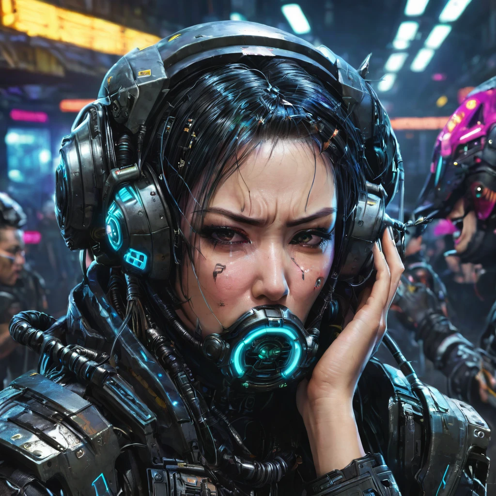war, people, fleet, cyber punk, horrible, open mouth, hands on cheeks, 