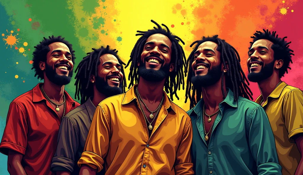 Crie uma miniatura para o videoclipe big dawgs ,vectorial art, With a lot of Jamaican reggae, Authentic Jamaican Reggae Music Atmosphere，colorful illustrations, At the center, swirly vibrant colors, paint splashes and smears, high détail,
