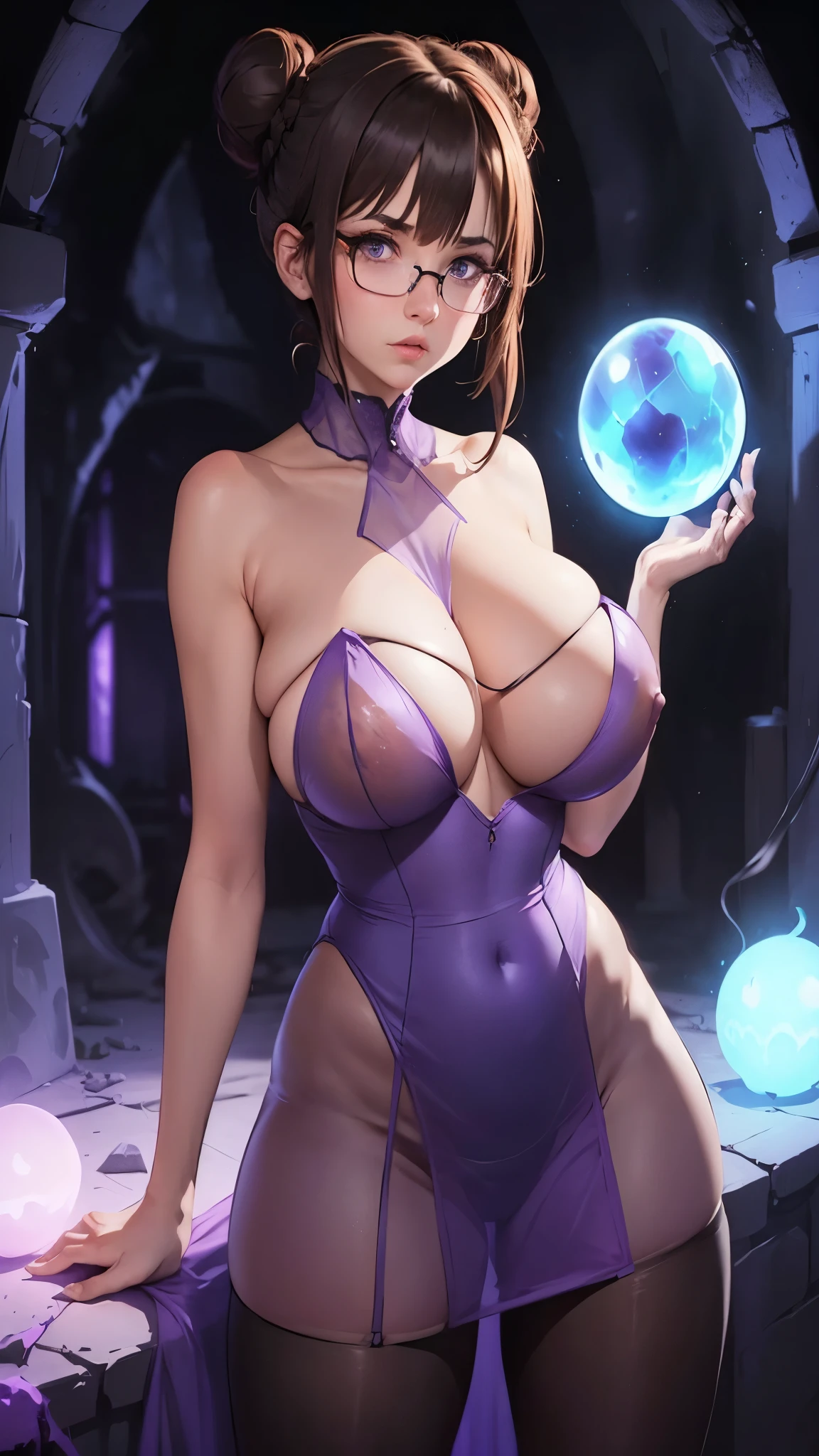 (young brunette woman in darkness catacombs), ((bright red strapless shirt mini dress, see through)), black glasses, natural huge boobs, big thick hips, ((huge puffy nipple)), ((hair tied into bun)) , serious face, slightly upset, cute nose, cute face, high quality, UHD, Masterpiece, white stockings, no panties, light and dark, light and shadow, strong stance, (purple blue light), magic sphere, ((horror dirty torn style)), ultra details, face detailing, ((see through))