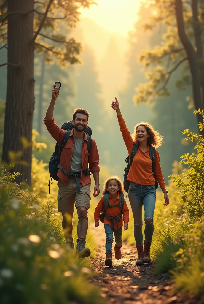 A happy family is hiking with a compass., looking excited about their journey.