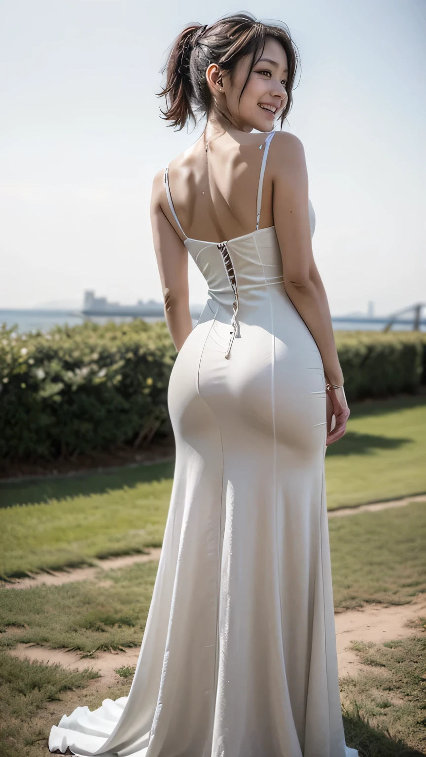 ((Perfect anatomy with detailed limbs)),A single shot capturing the essence of movement,masterpiece,Ulzan 6500,(Realisticで写実的なphoto),A beautiful bride wearing a pure white cape and long flare wedding dress is smiling shyly with her hands on her cheeks in a poolside chapel,(((I tilt my head and turn around to look over my shoulder.))),Full-body 4K bird's-eye view shooting,Best image quality,Professional perspective,Excellent detail,Ultra-high resolution,Realistic:1.4),Attention to detail,Attention to detail,Beauty condensed into one girl,beautiful chestnut hair,繊細でHigh noseを持つ美しい顔,Long limbs like a modelと細いウエスト,White stiletto heels,Smile with eyebrows and corners of the mouth raised,A stunningly sculpted body with beautiful F-cup breasts,Well-defined abs and a toned, upward-facing hip,(((Dynamic 4K full-body portraits with beautiful backgrounds and bird's-eye perspective shots))),The smile is shining,Beautiful background bokeh,Dynamic Perspective,Amazing details,Beauty condensed in one girl,Chestnut bouncy hair,繊細でHigh noseを持つ美しい顔,Long limbs like a model,Tight hips and waist,High nose, Clear chestnut eyes, Glossy Lips,