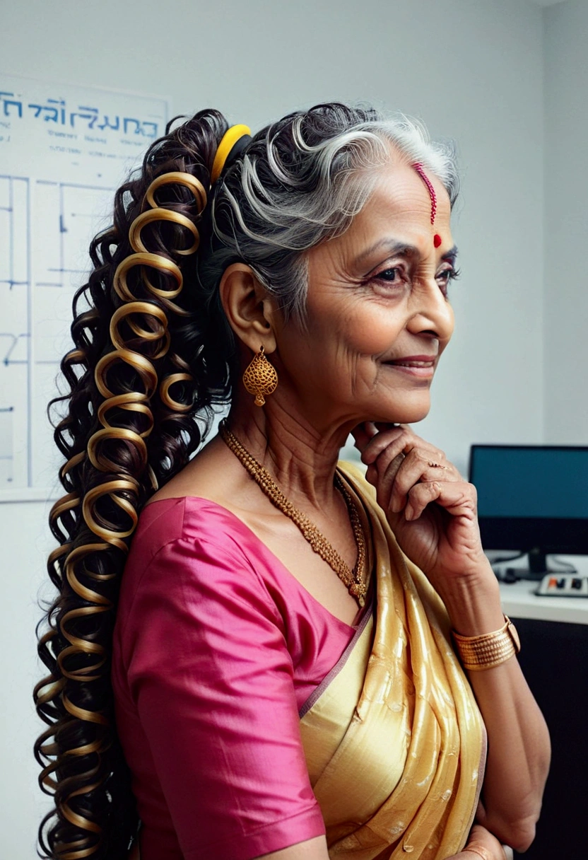 (full body),in indian office,well build,65 years old indian lady in sarees,ear combed slick scalp weaviness shows 3c curly hair,like bob hair color noodles,made in to single ponytail,ponytail stating bushy after band,Flooded with 100 liters of oil over thier hair,hairs like oil pulp,hairlines are all together till the end,showcasing the clean lines,clean scalp,
