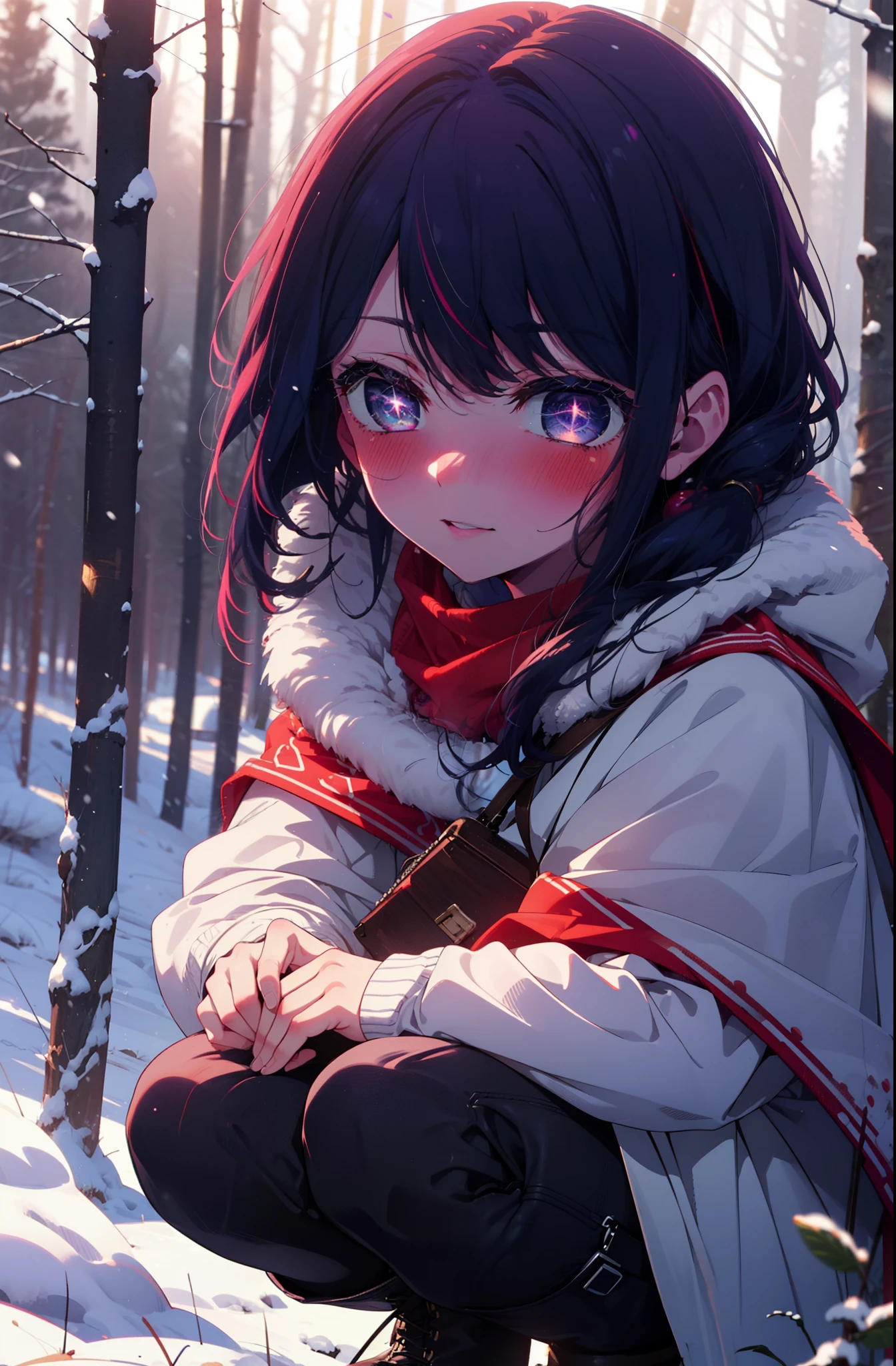 aihoshino, Ai Hoshino, Long Hair, bangs, (Purple eyes:1.1), Purple Hair, (Symbol-shaped pupil:1.5), smile,,smile,blush,white breath,
Open your mouth,snow,Ground bonfire, Outdoor, boots, snowing, From the side, wood, suitcase, Cape, Blurred, , forest, White handbag, nature, Squat, Mouth closed, Cape, winter, Written boundary depth, Black shoes, red Cape break looking at viewer, Upper Body, whole body, break Outdoor, forest, nature, break (masterpiece:1.2), Highest quality, High resolution, unity 8k wallpaper, (shape:0.8), (Beautiful and beautiful eyes:1.6), Highly detailed face, Perfect lighting, Highly detailed CG, (Perfect hands, Perfect Anatomy),