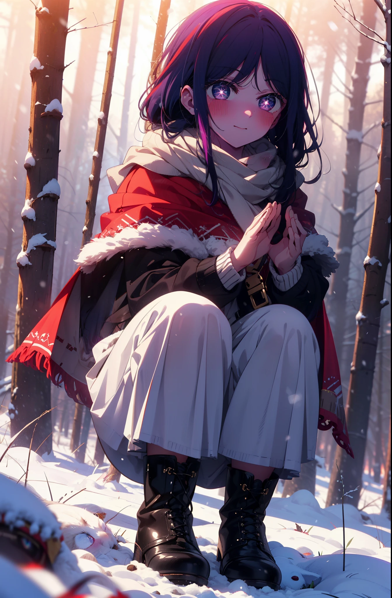 aihoshino, Ai Hoshino, Long Hair, bangs, (Purple eyes:1.1), Purple Hair, (Symbol-shaped pupil:1.5), smile,,smile,blush,white breath,
Open your mouth,snow,Ground bonfire, Outdoor, boots, snowing, From the side, wood, suitcase, Cape, Blurred, , forest, White handbag, nature, Squat, Mouth closed, Cape, winter, Written boundary depth, Black shoes, red Cape break looking at viewer, Upper Body, whole body, break Outdoor, forest, nature, break (masterpiece:1.2), Highest quality, High resolution, unity 8k wallpaper, (shape:0.8), (Beautiful and beautiful eyes:1.6), Highly detailed face, Perfect lighting, Highly detailed CG, (Perfect hands, Perfect Anatomy),