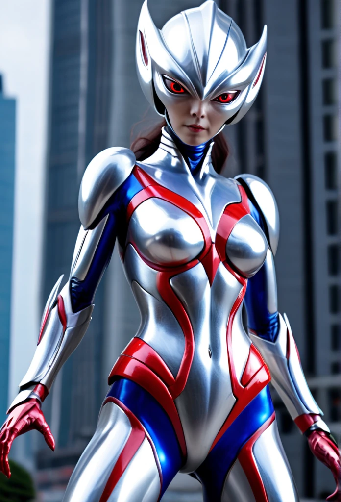 A female alien with a shiny silver body and red and blue lines.、Giant、Ultraman Lady、Troublesome pose