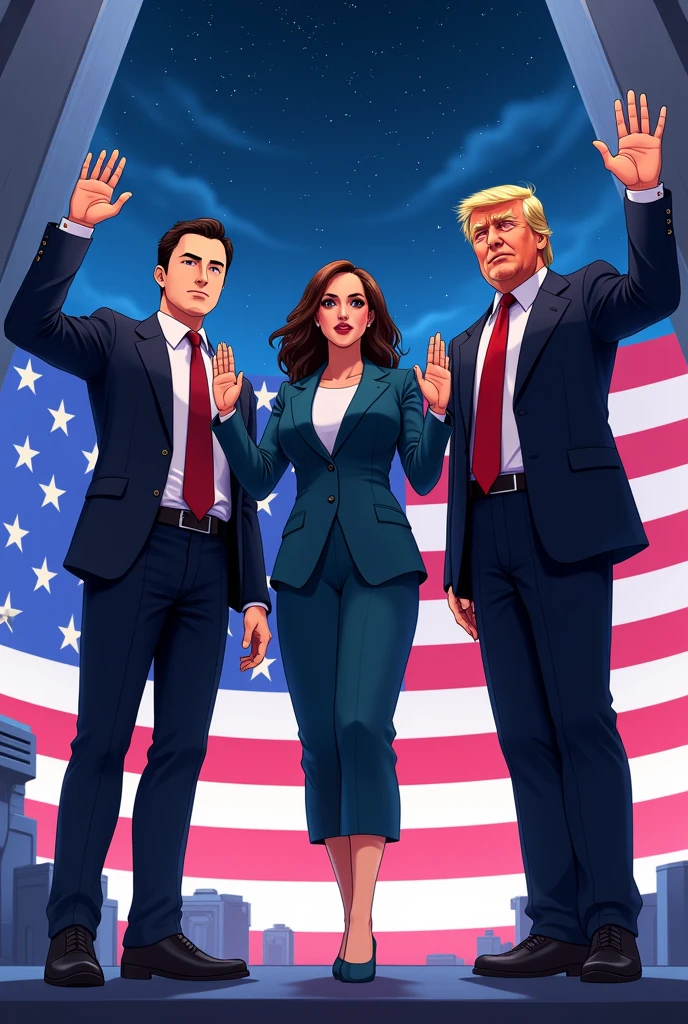 Create an image of Elon Musk Kamala Harris and Donald Trump standing together taking pledge for president anime style