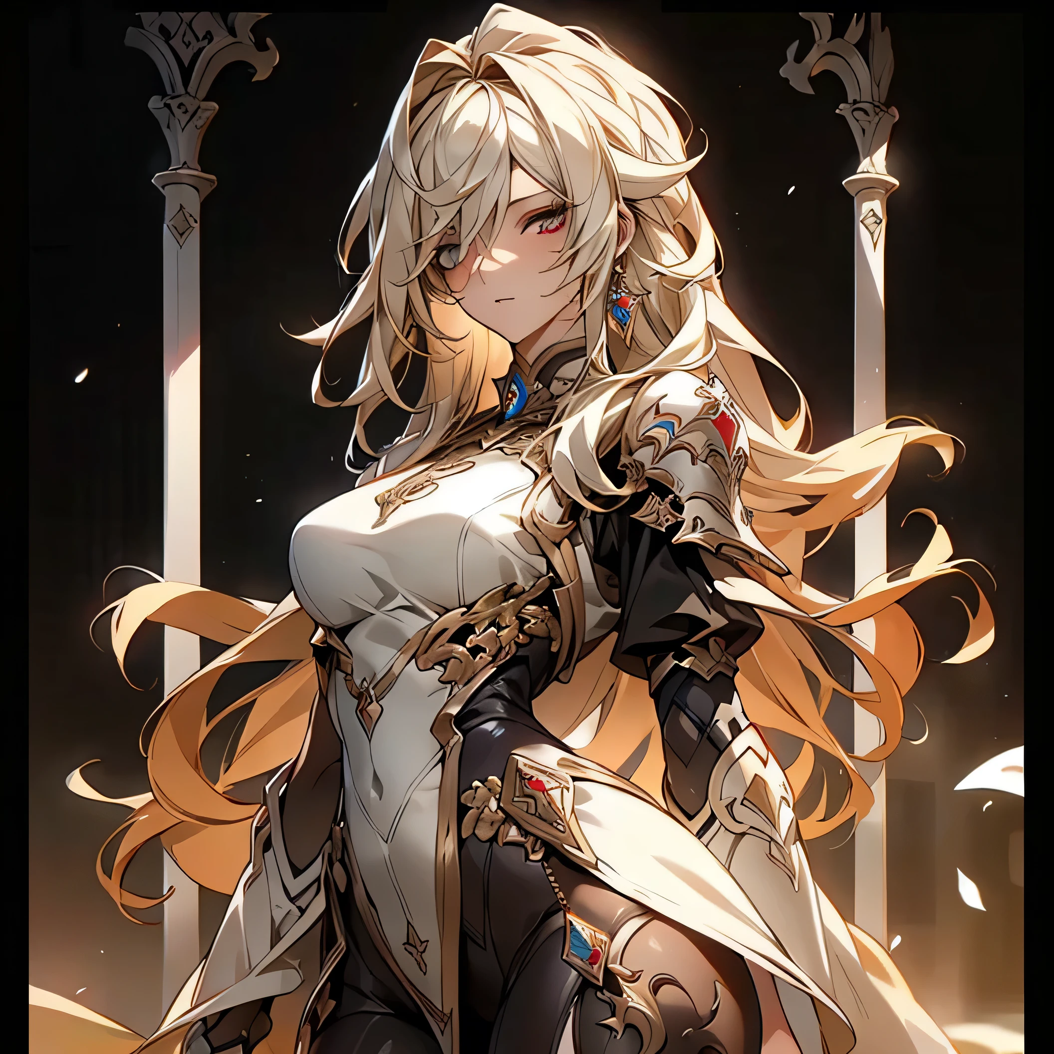 (best quality)), ((Masterpiece)), (details:1.4), 3d, HDR (high dynamic range), an image of a beautiful cyberpunk female, Blonde hair, Long hair, Red eyes, hips up, จมูกโด่ง, ปากแดง, หน้าอกใหญ่, nvidia RTX, PBR surface, After processing, Anisotropic filtration,depth of field, Maximum clarity and clarity, multi-layered surface, Subsurface scattering, perfect proportions, 8K raw files, ultra detailed, Perfect proportions, volumetric lighting, soft lighting, Holy Paladin, Heavy Black Armor, intricate silver embroidery, glossy skin, gorgeous, intricate grey background, strong back lighting, jewely, ต่างหู , นิ้วมือสมบูรณ์, กระโปรงสั้น