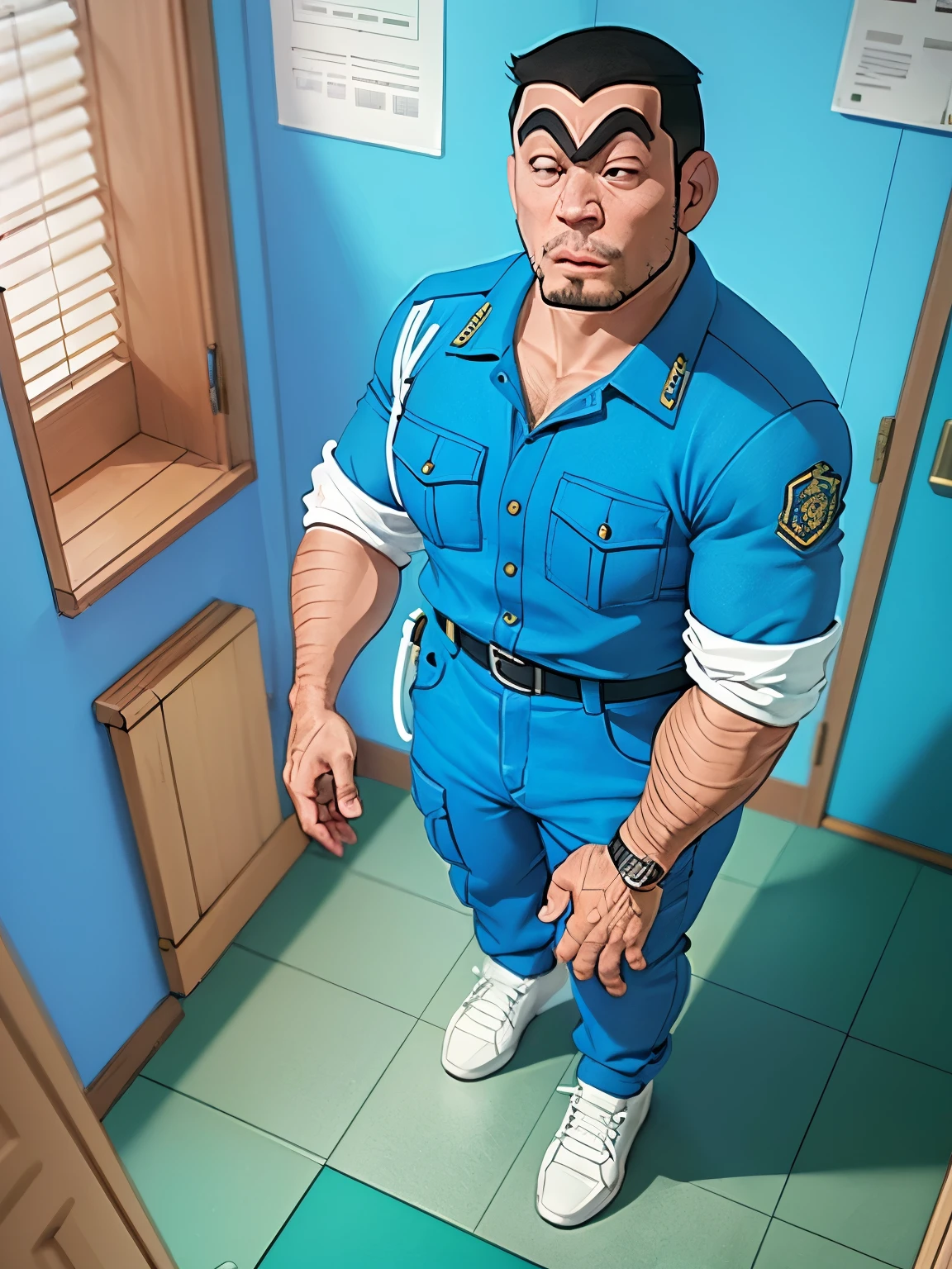 (masterpiece, Highest quality:1.2, 8k, Ultra-high resolution), (1man), ultra realistic & detailed portrait of Kankichi Ryotsu, a character of Kochikame, (black, crew cut, thick eyelashes), (muscle body style), ((light blue police uniform, long pants, Geta shoes)), Detailed face, Detailed eyes, Beautiful Eyes, Perfect Eyes, Ultra-realistic & Highly detailed skin texture, (ultra realistic interior of small police station, ultra detailed interior of narrow police office), standing, concrete floor, (close up angle, zoom up angle), 